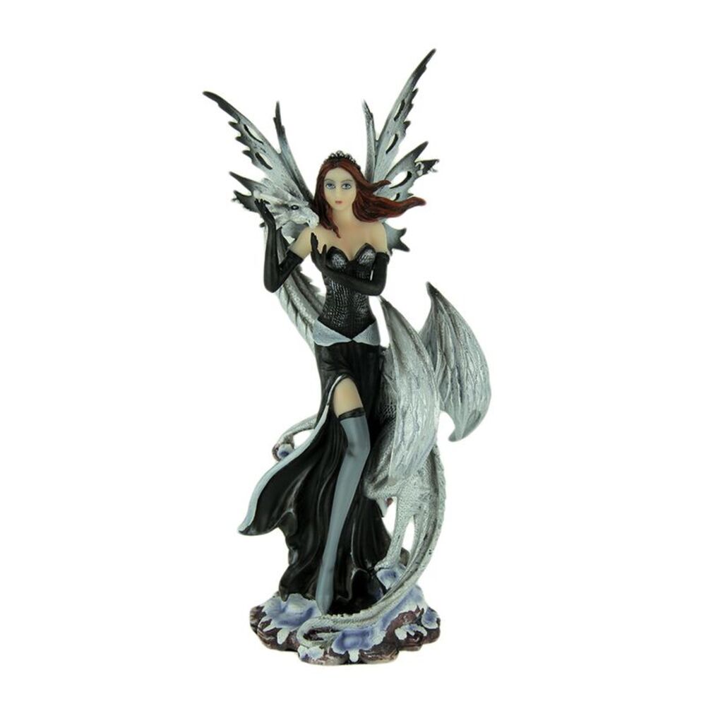 Dark Winter Fairy Standing with White Dragon Statue
